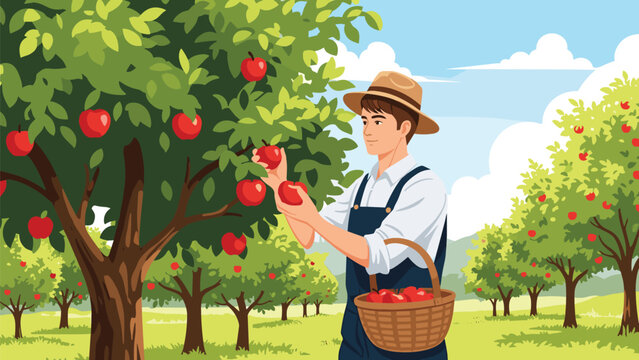 Young man wearing a hat and overalls picking ripe red apples from a tree in a sunny orchard and placing them in a basket.