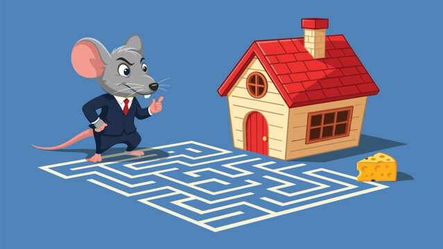 Determined mouse in a business suit standing in front of a white maze leading to a small wooden house and a piece of cheese.