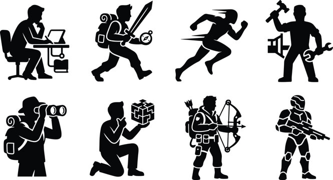 Black silhouette character archetype icon set featuring warrior, explorer, researcher, and fantasy roles.