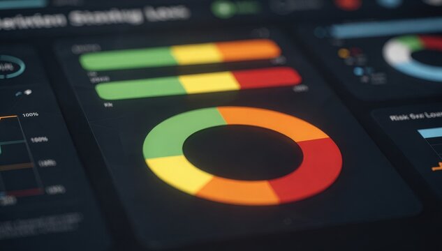 Medium closeup of a dashboard with segmented colored risk indicators for subscriber loss peripheral screen details faded.