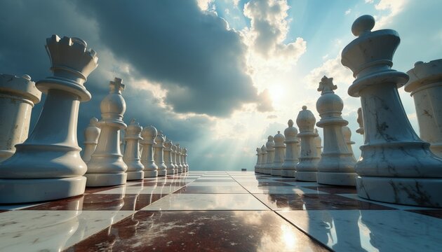 White marble chess pieces arrayed on reflective board, dramatic cloudy sky with sun rays. Game, strategy, planning, competition, success, leadership, intellect.