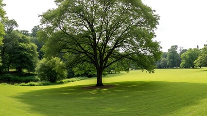 Obraz premium Large tree standing alone on a green grassy field surrounded by other trees