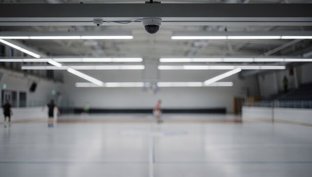 Focused medium shot of automated lighting system reacting to sparse player movement on a quiet weekday highlighting sensors and adjustable lights with soft blurred surroundings.