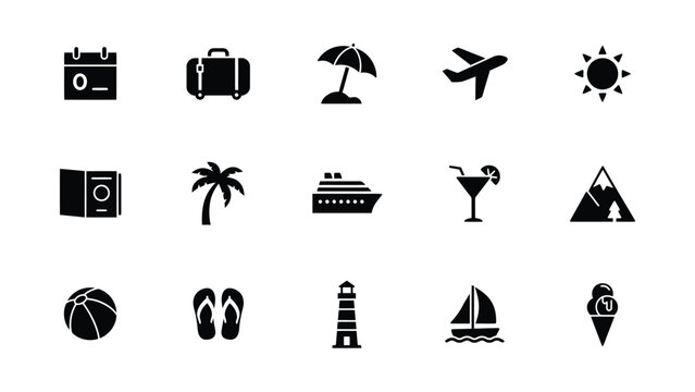 Flat vector iconset showcasing vacation essentials with travel themed symbols for marketing