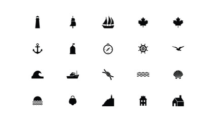 Minimalist black icon set showcasing coastal and nautical themes for travel branding © Shovon