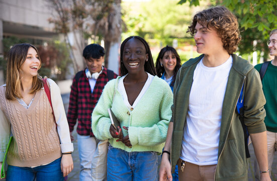 Diverse Group of Happy University Students Walking Together on Campus