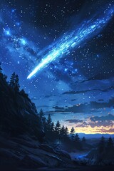 Fototapeta premium Bright shooting star streaking across dark blue night sky above silhouette of mountain forest. Cinematic illustration of meteor shower in starry galaxy. Cosmic space atmosphere concept.