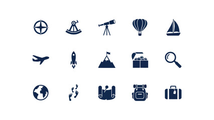 Modern flat icon set showcasing diverse travel and adventure themes for promotional © Shovon