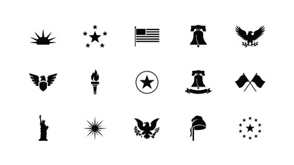 Elegant patriotic symbol collection featuring iconic silhouettes of eagle torch stars flags and liberty bell for patriotic branding © Shovon