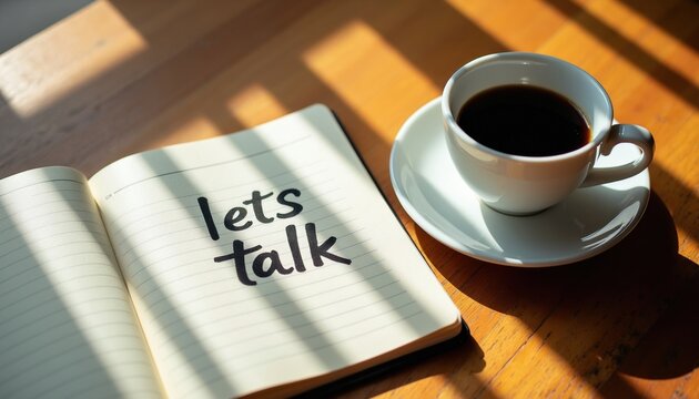 Open notebook displays lets talk message. Coffee cup sits nearby on a wooden surface, bathed in sunlight. Image promotes conversation and connection.