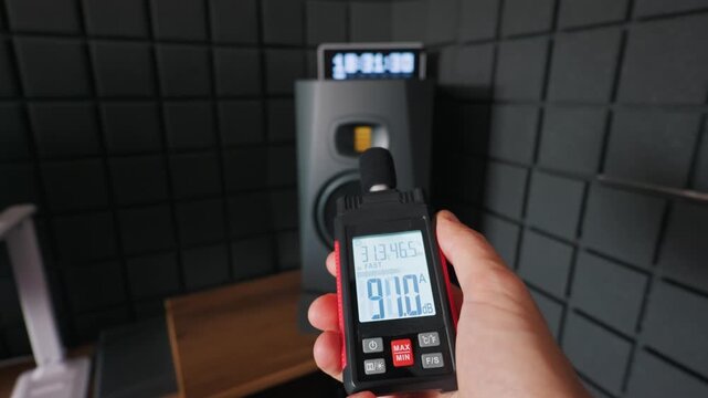 A person holds a digital sound level meter displaying a high reading in a professional studio. The device measures loud audio in front of a speaker and black acoustic foam wall panels.