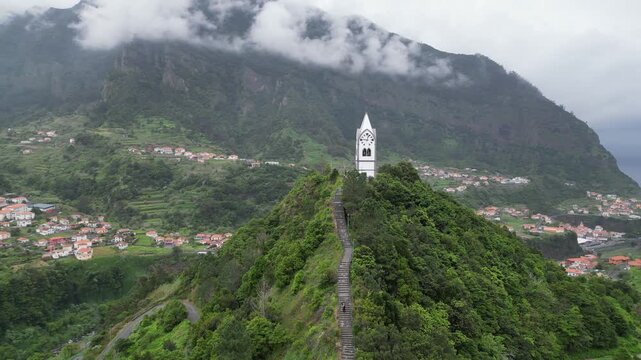 Aerial orbit shot around Capelinha de Nossa Senhora de Fatima chapel in Madeira