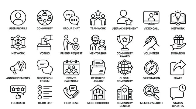 Social community and network icons set depicting teamwork group chat user profiles global communication mentorship programs and public relations management.