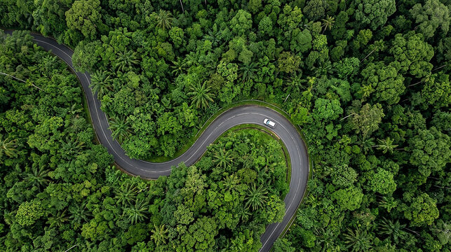 Aerial view of a white car driving along a winding mountain road through a dense tropical jungle forest with tropical transportation mountain landscape adventure perspective wilderness vacation
