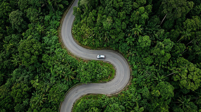 Aerial shot of a white car driving on a curving road surrounded by lush tropical forest with tropical transportation landscape adventure perspective wilderness environment vegetation vacation