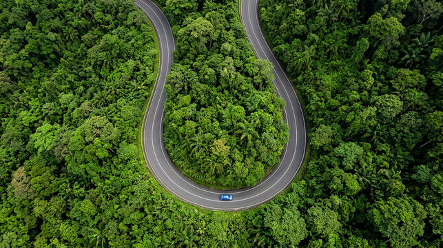 High angle aerial view of a car driving through a thick green forest on a serpentine road with serpentine transportation landscape adventure perspective wilderness environment vegetation