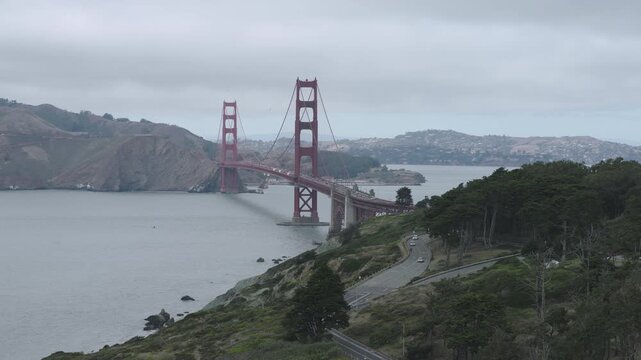 Golden Gate Bridge Aerial View From Marin Headlands On Overcast Day - Wide, Aerial Shot