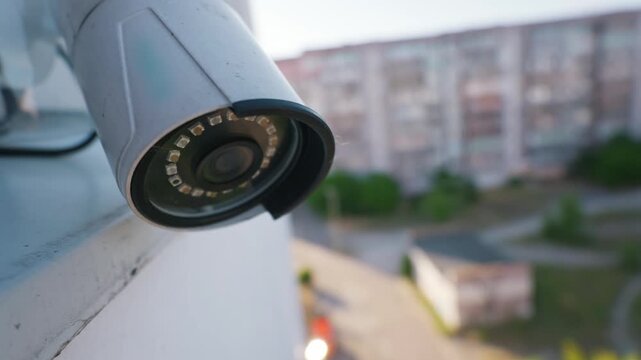 Outdoor security camera is mounted on a ledge overlooking a residential neighborhood with apartment blocks. Concept of public safety, surveillance, and urban crime prevention.