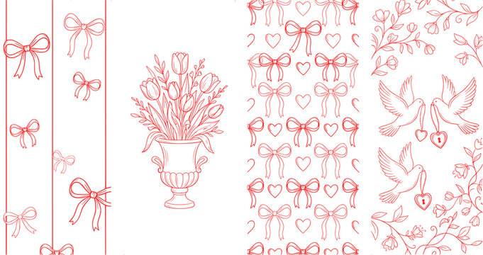 Wedding seamless patterns and floral elements, bows, hearts, tulips in vase, doves with keys, romantic design transparent background