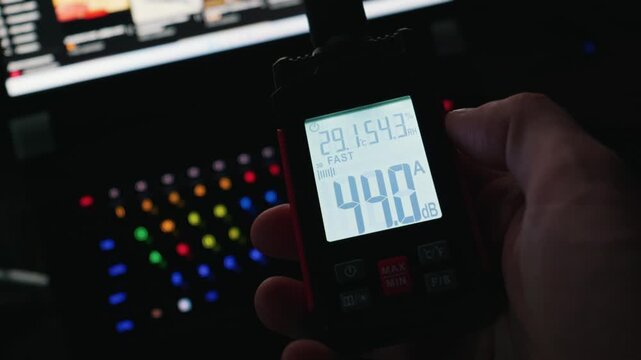 A digital sound level meter displays a noise reading of 42.3 decibels in a dark indoor environment. The device also shows temperature and humidity levels while being held by a user.