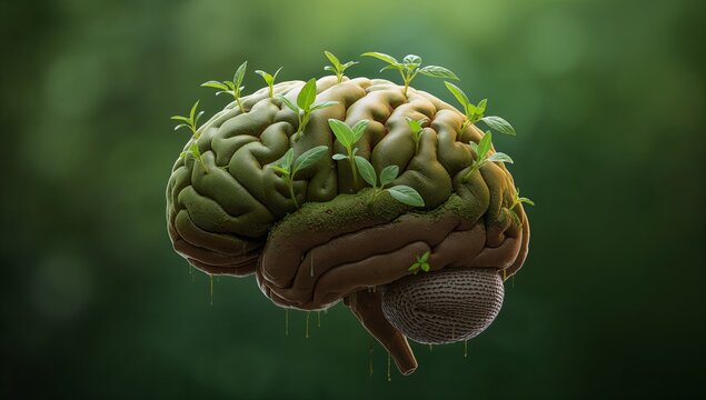 Conceptual illustration of a human brain with green plants growing from it, symbolizing growth, creativity, and the connection between nature and intellect in a vibrant environment