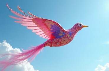 Obraz premium Pink patterned bird kite soars against blue sky. Delicate translucent wings catch light. Long feathery tail streams behind in gentle breeze. Bright, cheerful, whimsical.