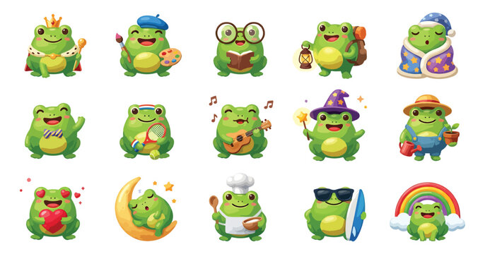 Cute cartoon frog character vector icon set with little frogs in different professions and fun activities