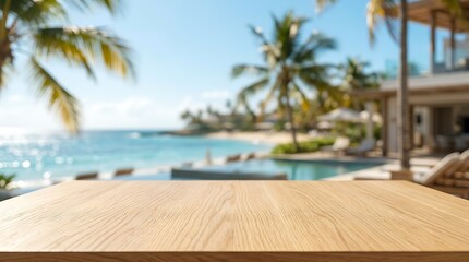 Fototapeta premium Empty Wooden Tabletop with Blurred Tropical Beach Resort Background for Product Display and Summer Vacation Mockup Use