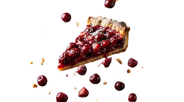Delicious slice of cherry pie with fresh fruit and crumbly topping isolated transparent background