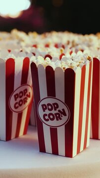 Vertical video. Red and white popcorn boxes arranged on a catering table at an outdoor wedding reception.