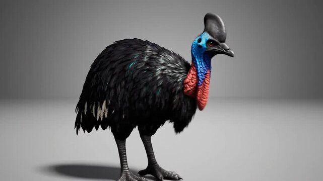 Cassowary performs dance with realistic CG fur rendering in studio setting during animated showcase