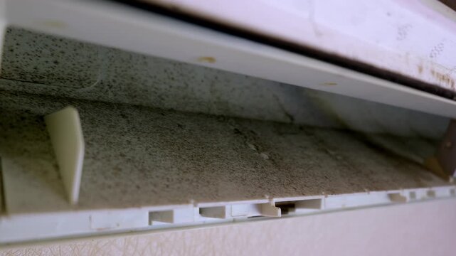 A close-up view shows a split system air conditioner inner parts covered in black mold and dirt. Concept of indoor air pollution, allergen hazards, and appliance maintenance.