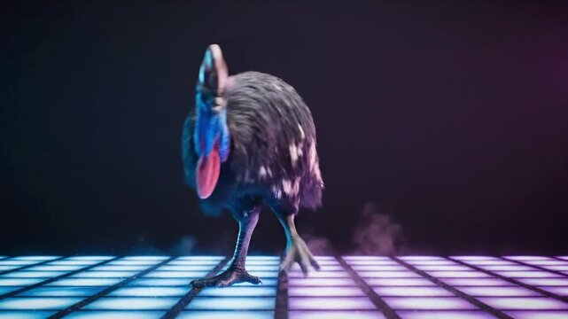 Cassowary performs dance on colorful floor with CG fur rendering in a lively setting