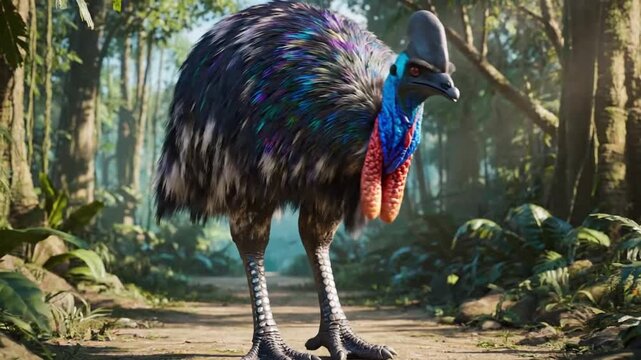 Cassowary dances in lush forest with CG fur rendering effects in real time