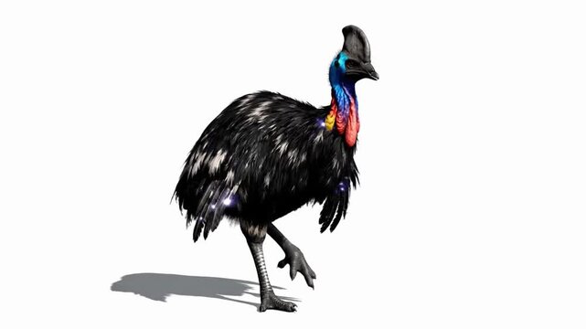 Cassowary dance in detailed CG animation with fur rendering in a studio setting showing movement and behavior of the bird