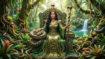 Fototapeta premium Woman snake queen sitting on stone throne in tropical rainforest. Fantasy goddess holding cobra staff surrounded by serpents. Mythical concept for World Snake Day in exotic jungle.