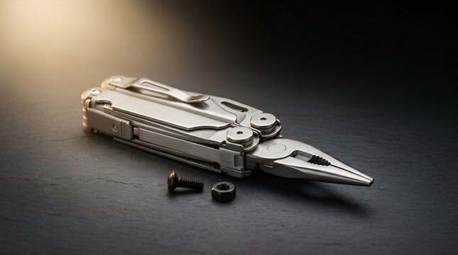 Foldable multi-tool pliers resting on dark slate surface with small mechanical parts multitool hardware maintenance mechanical equipment construction technical workshop industrial fasteners
