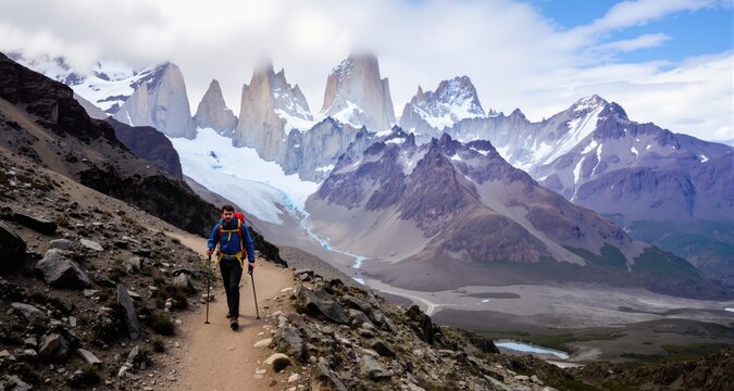 Man hiking on mountain of Torres Del Paine National Park, Patagonia, South America
