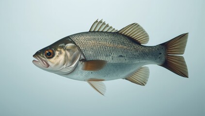 Fototapeta premium Freshwater fish with silver scales and orange fins swimming against a light blue background, showcasing its streamlined body and distinct features