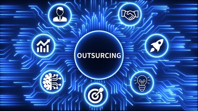 outsourcing icon surrounded by smaller icons for ai manufacturing strategy. A glowing neon, and manufacturing process management all connected in a digital circuit like pattern, 4k video 