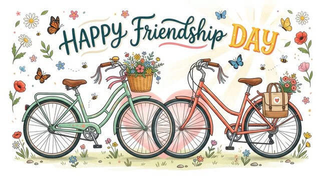 Happy friendship day bicycles with flowers and butterflies