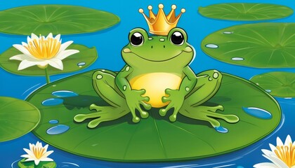 Fototapeta premium frog prince sitting on lily pad, humorous children’s illustration