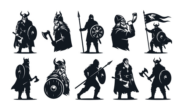Set of black silhouette viking warriors with axes, shields, spears, and banners, isolated on white background for heraldry and design.