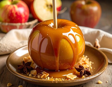 A close-up shot of a caramel-covered apple on a plate with crumbled ingredients and spices