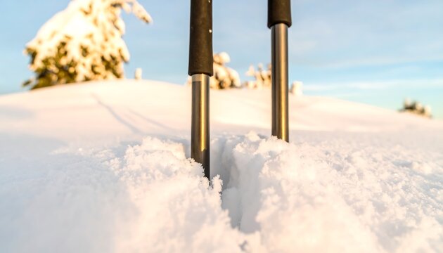 Snowboard Poles Stuck In Deep Fresh Snow During A Sunny Day