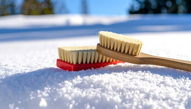Pair of snowboard brushes resting on fresh snow