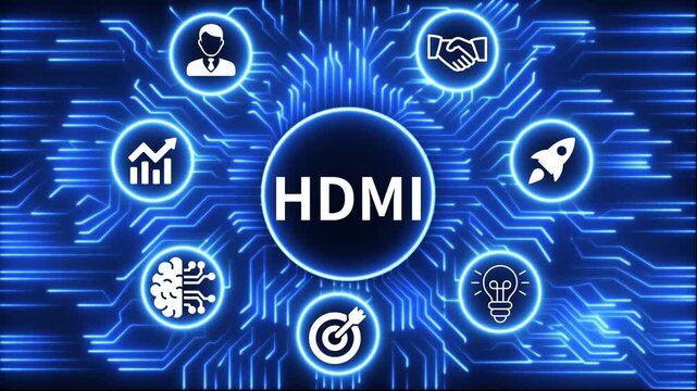 HDMI icon surrounded by smaller icons for ai manufacturing strategy. A glowing neon, and manufacturing process management all connected in a digital circuit like pattern, 4k video 