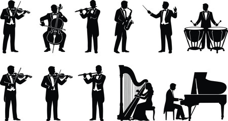 Classical Orchestra Musician Silhouette Collection with Conductor Piano Harp and String Instrument Vector Illustrations Set © MDSOHANURRAHMAN