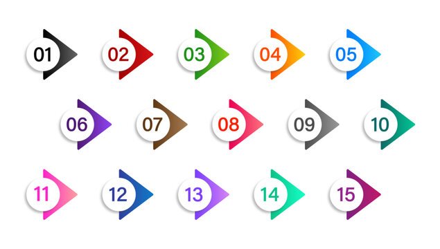 Colorful arrows with bullet points numbers from one to fifteen  isolated on white background. Vector illustration.