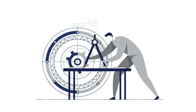 Architect using a compass to draft a technical blueprint of circular mechanisms to show design precision, structural planning, and engineering skills.
